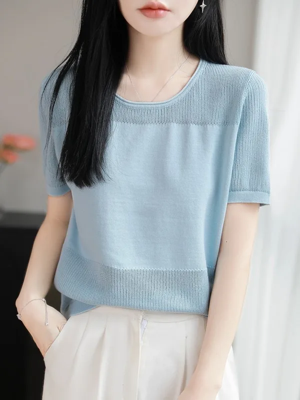 round Neck Fashion Short Sleeve Knitted Cotton Top Loose Hollow out Women's T-Shirt Summer Breathable Comfortable Casual Shirt
round Neck Fashion Short Sleeve Knitted Cotton Top Loose Hollow out Women's T-Shirt Summer Breathable Comfortable Casual Shirt