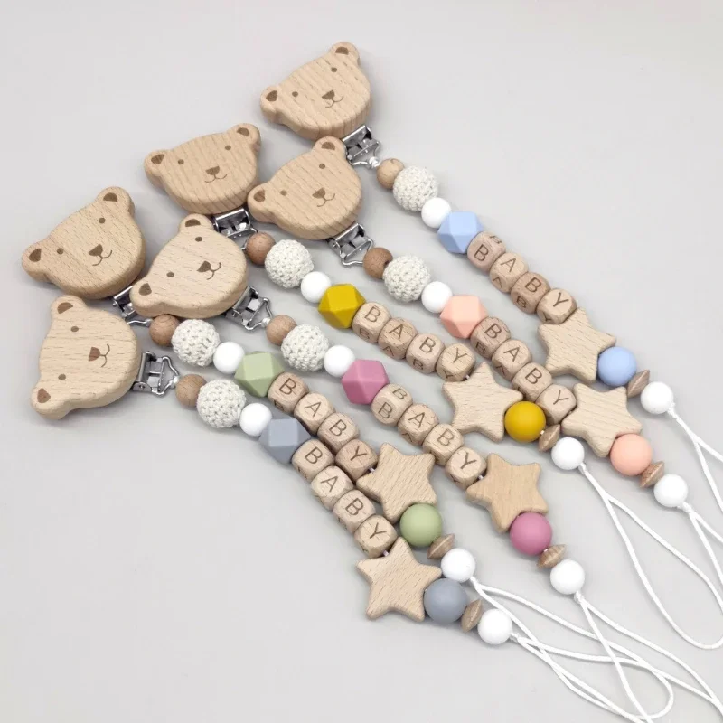 Personalized Name Wooden Bear Baby Pacifier Chain Clip Silicone Bead Nipple Dummy Holder Teether Pendant Handmade Teething Toys
Personalized Name Wooden Bear Baby Pacifier Chain Clip Silicone Bead Nipple Dummy Holder Teether Pendant Handmade Teething Toys