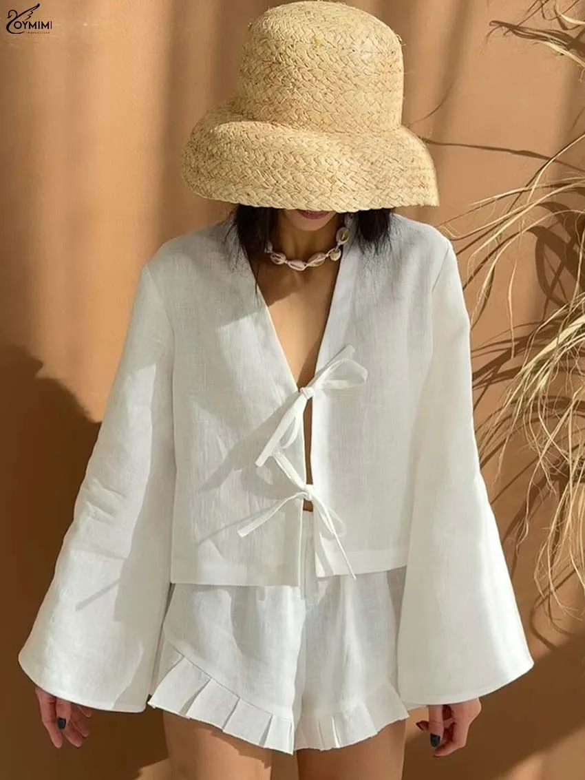 Oymimi повседневные белые хлопковые комплекты из двух предметов, женские модные рубашки с v-образным вырезом и длинными рукавами на шнуровке и шорты с высокой талией, комплекты с рюшами 
Oymimi повседневные белые хлопковые комплекты из двух предметов, женские модные рубашки с v-образным вырезом и длинными рукавами на шнуровке и шорты с высокой талией, комплекты с рюшами