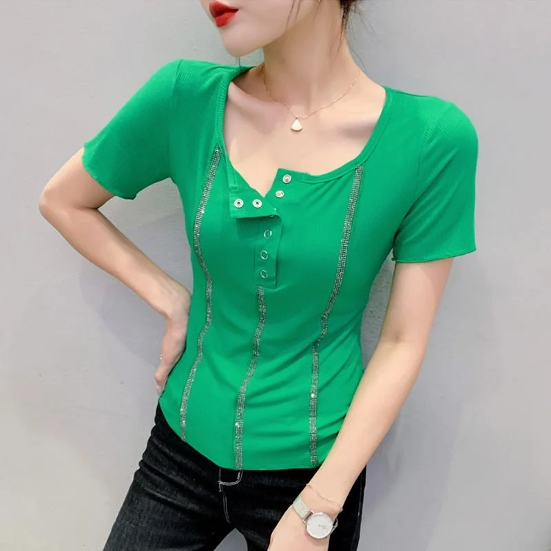 #5192 T Shirt Short Sleeve Woman Solid Color Diamonds Button O-Neck Summer Skinny Sexy Short T-shirt Women Slim Tee Shirt Femme
#5192 T Shirt Short Sleeve Woman Solid Color Diamonds Button O-Neck Summer Skinny Sexy Short T-shirt Women Slim Tee Shirt Femme