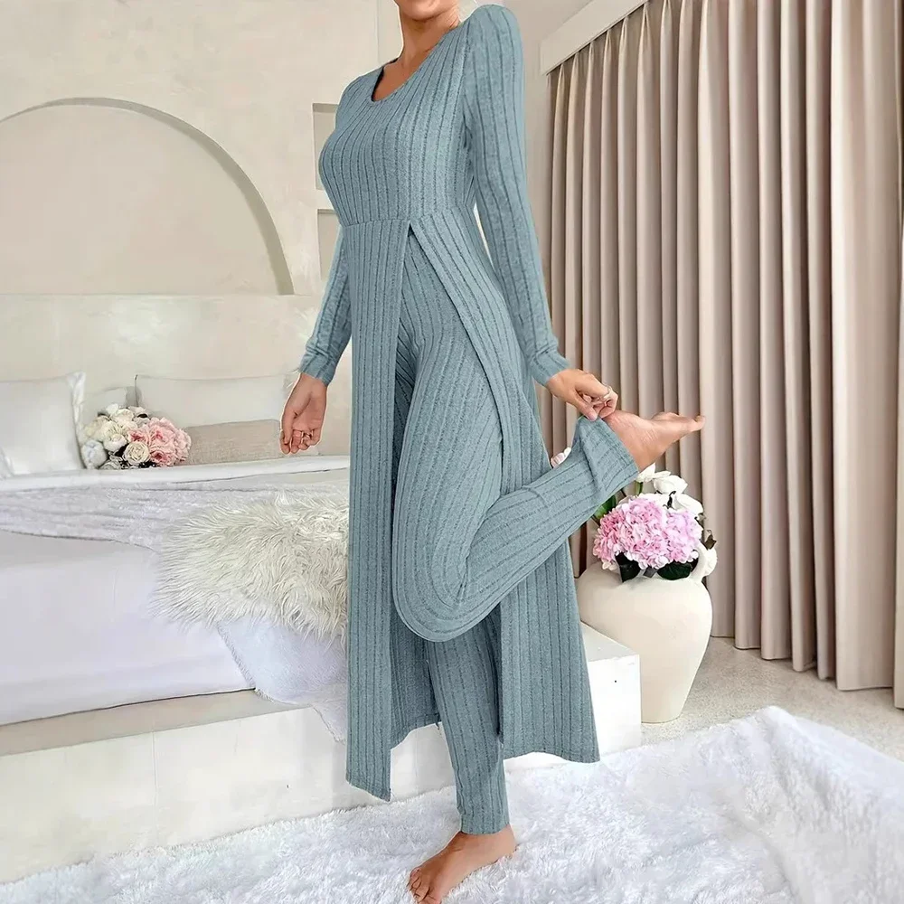 New Autumn Winter Casual Outfits Sets Women Homewear Solid Ribbed Long Sleeve Round Neck Split Hem Top Pants Outfits 2 Piece Set
New Autumn Winter Casual Outfits Sets Women Homewear Solid Ribbed Long Sleeve Round Neck Split Hem Top Pants Outfits 2 Piece Set