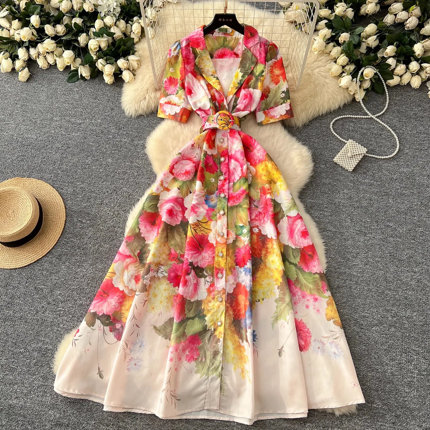 Runway Summer Floral Maxi Dress Shirt Women's Notched Collar Single Breasted Belt Short Sleeve A-Line Print Long Vestidos
Runway Summer Floral Maxi Dress Shirt Women's Notched Collar Single Breasted Belt Short Sleeve A-Line Print Long Vestidos
