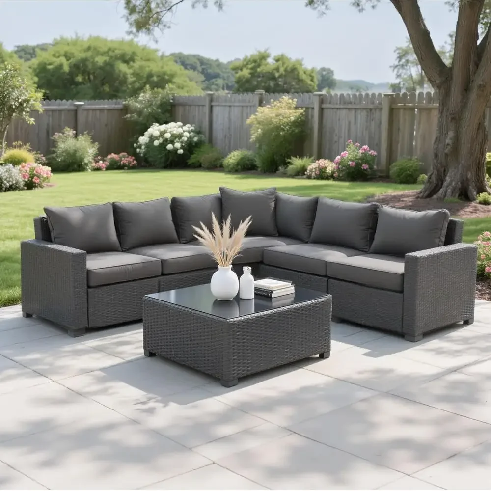 7-Piece Outdoor Sectional PE Rattan Patio Furniture Set with Cushions for Balcony, Backyard (Grey)
7-Piece Outdoor Sectional PE Rattan Patio Furniture Set with Cushions for Balcony, Backyard (Grey)