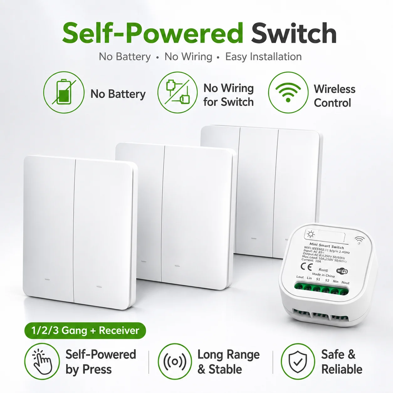 No Battery Self-powered Kinetic Tuya Smart Wall Switch RF433 Wireless Remote Control Switch Module Support Smart Life APP
No Battery Self-powered Kinetic Tuya Smart Wall Switch RF433 Wireless Remote Control Switch Module Support Smart Life APP