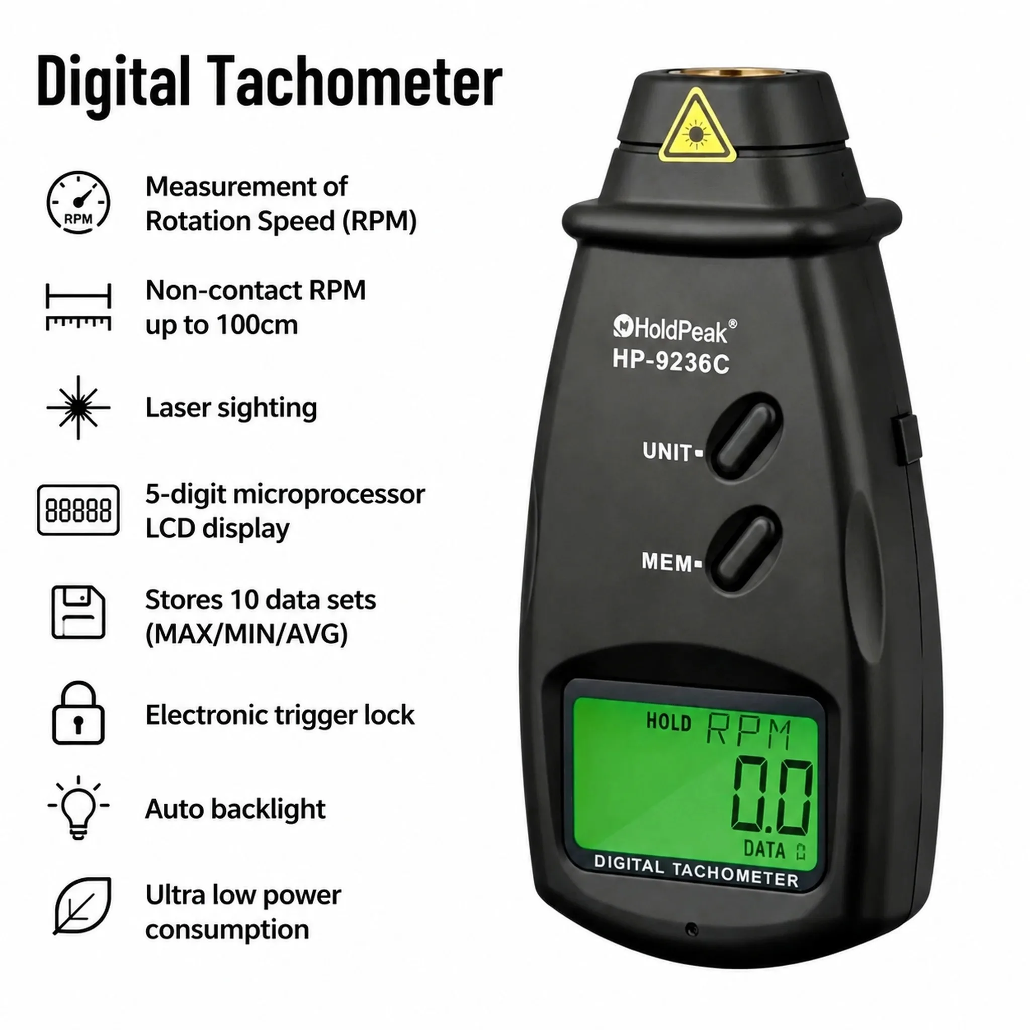 HP-9234C Portable Non-Contact Laser Tachometer 7.0-99999RPM, Digital RPM Meter with MAX MIN AVG Hold/Auto/LCD