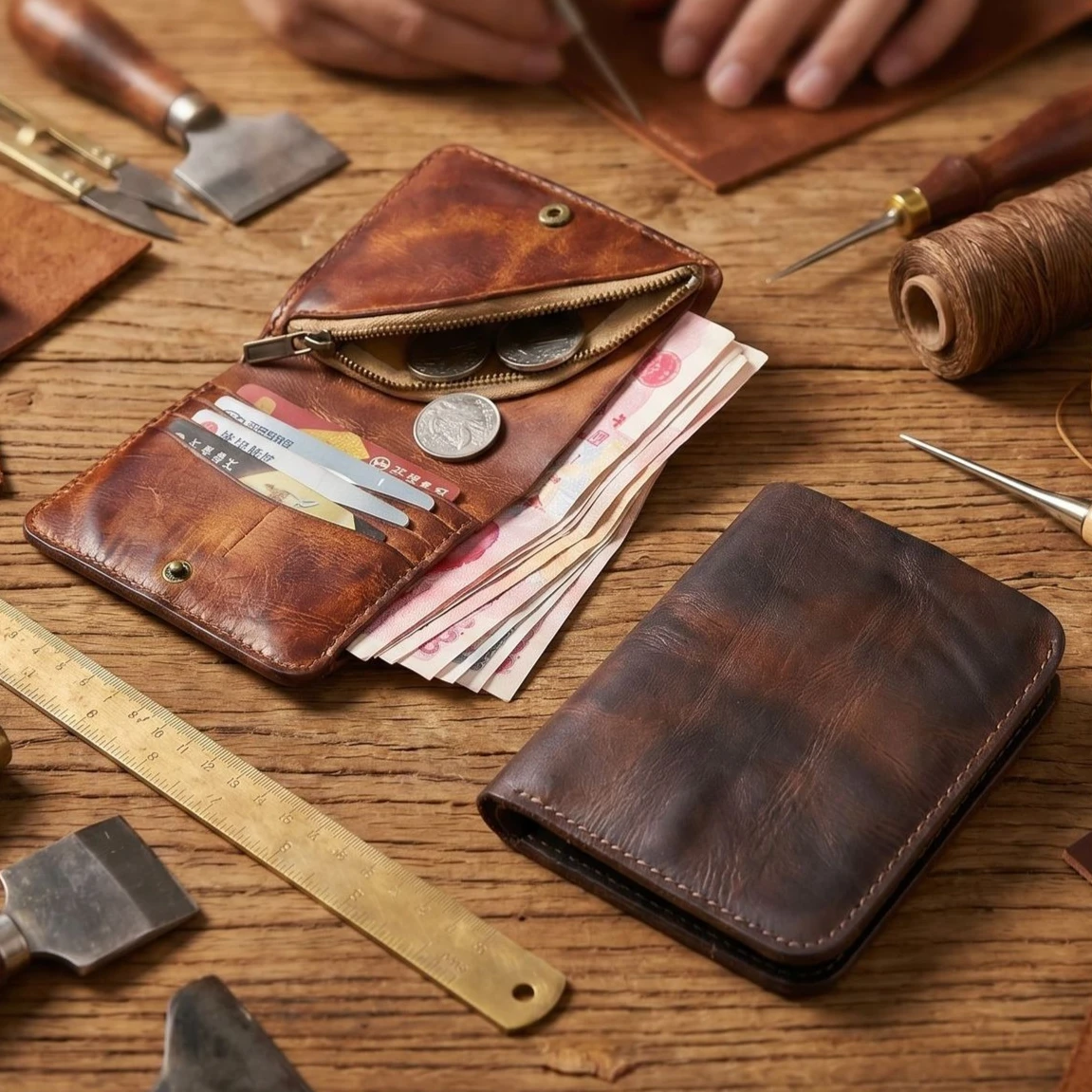 Vintage Vegetable-tanned Leather Bifold Wallet - Snap Closure Wallets with Zipper Coin Pocket,Compact Organizer for Cards & Cash
Vintage Vegetable-tanned Leather Bifold Wallet - Snap Closure Wallets with Zipper Coin Pocket,Compact Organizer for Cards & Cash