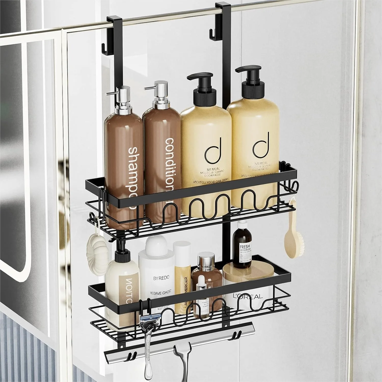 Hanging Shower Caddy for Glass Door, Rustproof Organizer with 3 Hooks, No Drilling Shelves
Hanging Shower Caddy for Glass Door, Rustproof Organizer with 3 Hooks, No Drilling Shelves