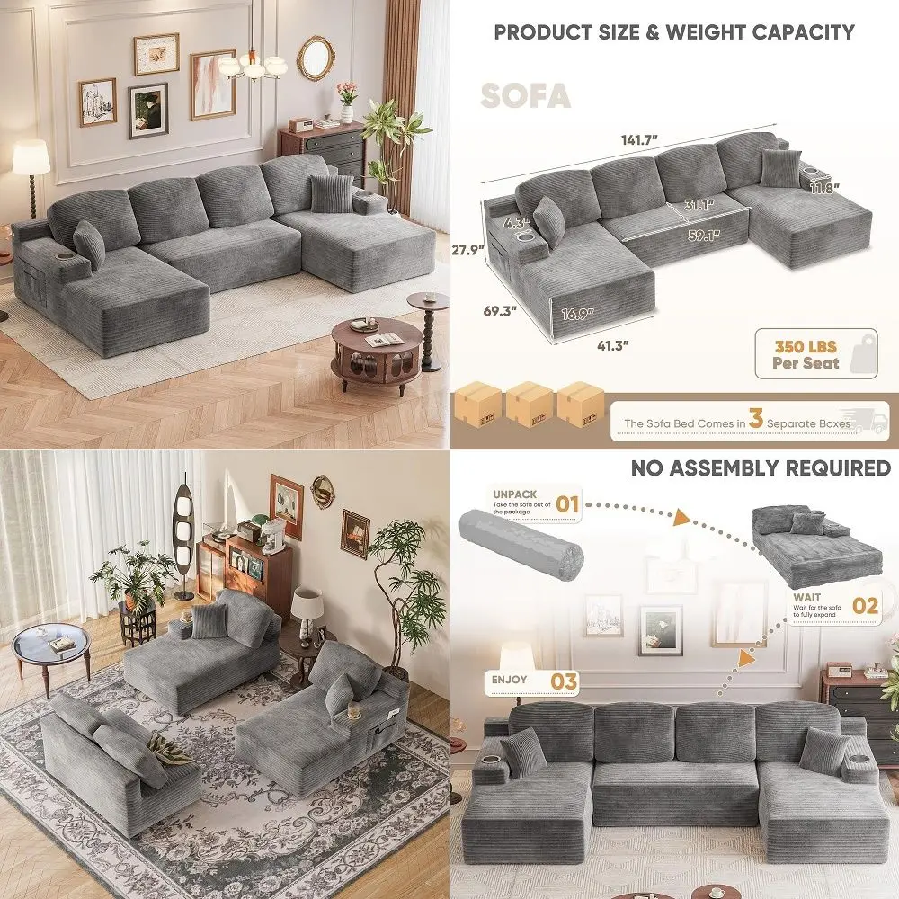 142 Boneless Couch, Modular Sectional Sofa, No Assembly Required, Memory Foam Filling, Corduroy UShaped Sofa, Movable MultiPers
142 Boneless Couch, Modular Sectional Sofa, No Assembly Required, Memory Foam Filling, Corduroy UShaped Sofa, Movable MultiPers