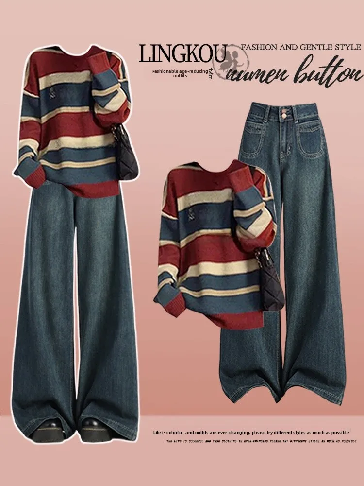 Korean Sle Autumn Winter Striped Knit Sweater High Waist Slimming Jeans Two Piece Set Women's Faion Ensemble Long Sve ...
Korean Sle Autumn Winter Striped Knit Sweater High Waist Slimming Jeans Two Piece Set Women's Faion Ensemble Long Sve ...