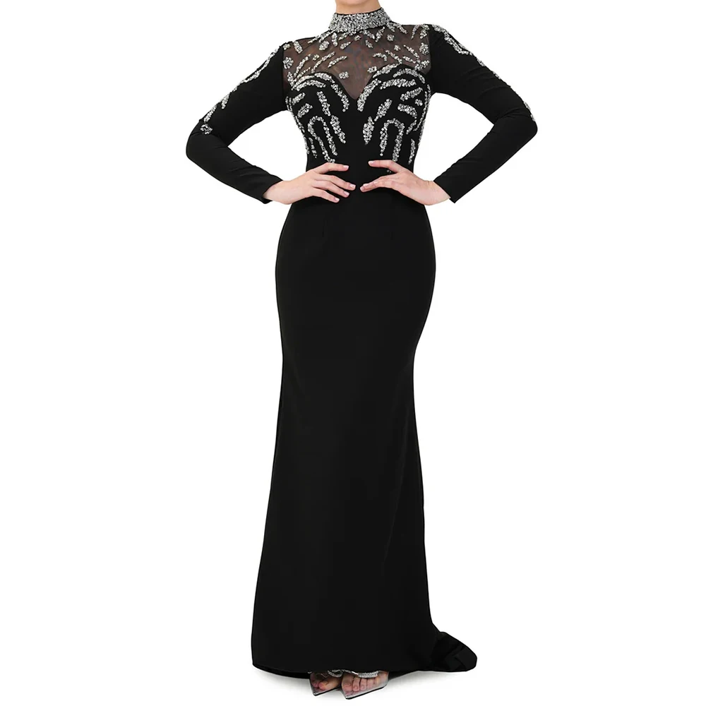 Women's Mermaid Black Evening Dresses Floor-length High-neck Full Sleeve Prom Gown Fashion Crystal Simple Draped Customized Gown
Women's Mermaid Black Evening Dresses Floor-length High-neck Full Sleeve Prom Gown Fashion Crystal Simple Draped Customized Gown