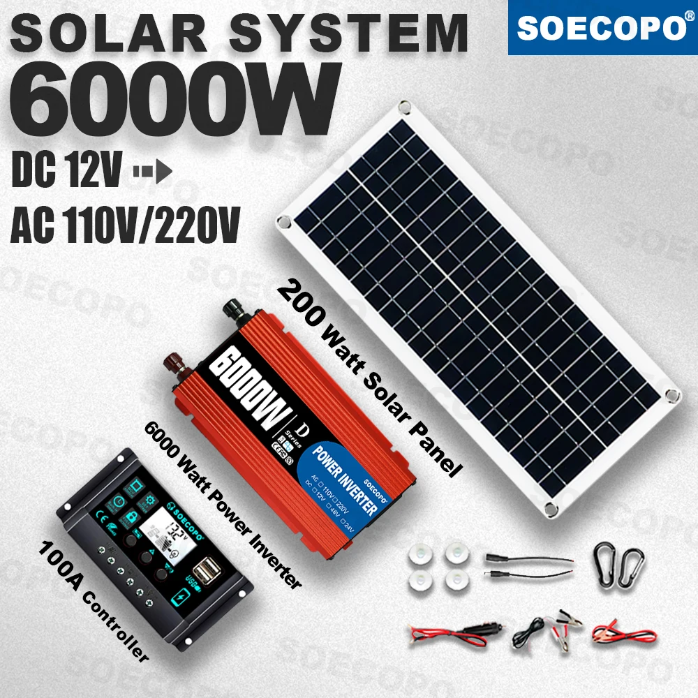 SOECOPO 6000W Compact Solar System | 200W Panel 100A Controller | 12V to 110V/220V Inverter for Weekend Trips Food Truck Greenho
SOECOPO 6000W Compact Solar System | 200W Panel 100A Controller | 12V to 110V/220V Inverter for Weekend Trips Food Truck Greenho