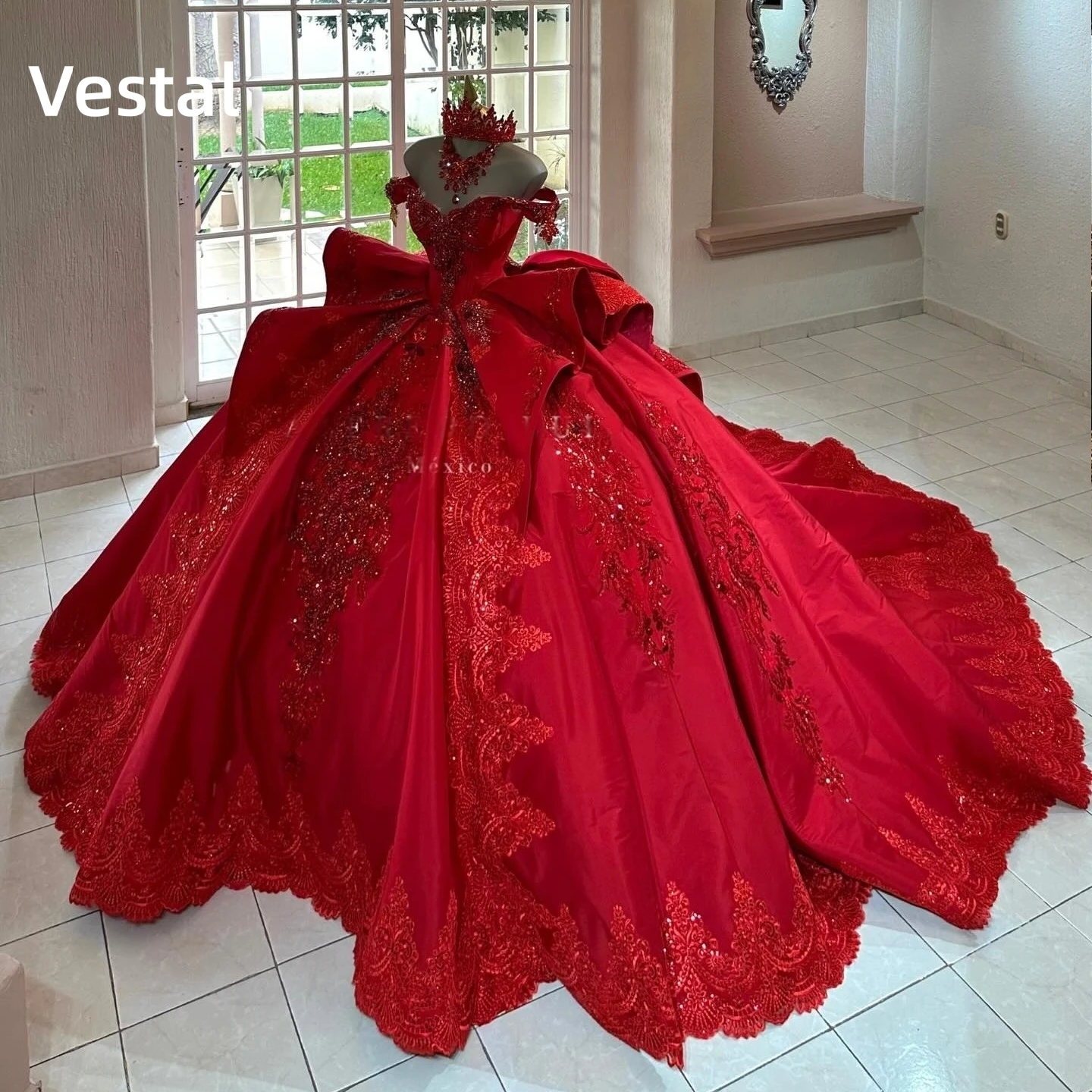Red Off Shoulder Quinceanera Dress Ball Gown with Sequins Lace Appliques Large Bow Sweet 16 Girls Prom Dress Customized
Red Off Shoulder Quinceanera Dress Ball Gown with Sequins Lace Appliques Large Bow Sweet 16 Girls Prom Dress Customized