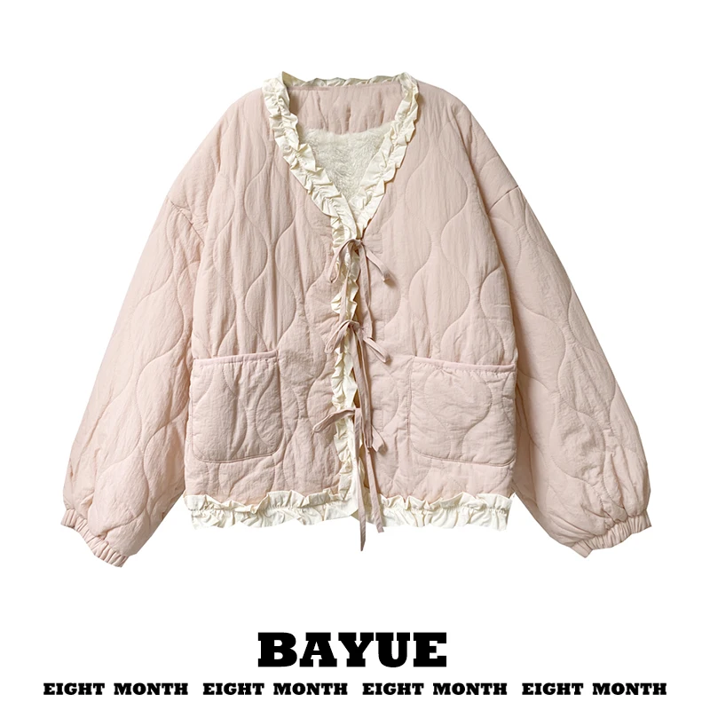 Korean Style Sweet Short Cotton Jacket Women's Winter Coat with Bow Tie V-Neck Floral Trim Plush Outerwear Pink Color
Korean Style Sweet Short Cotton Jacket Women's Winter Coat with Bow Tie V-Neck Floral Trim Plush Outerwear Pink Color