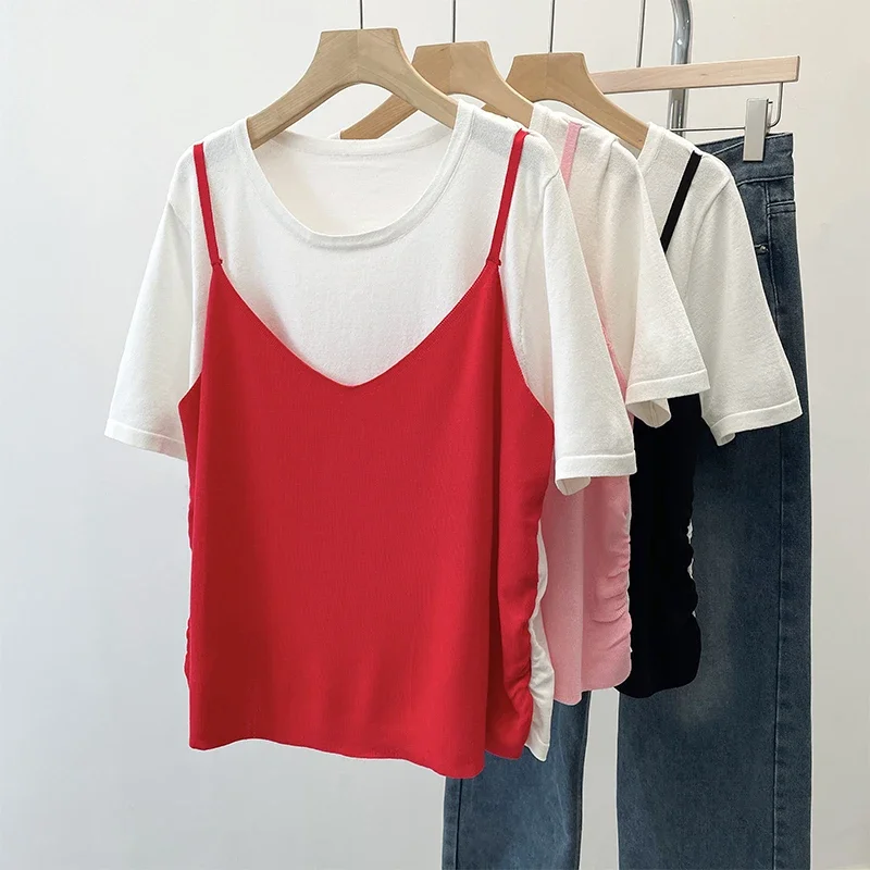 Summer Short Sleeve Fake Two Sweater Women Knitted T-shirt Casual Fashion Patchwork O-Neck Pullover Knitwear Tops Tees
Summer Short Sleeve Fake Two Sweater Women Knitted T-shirt Casual Fashion Patchwork O-Neck Pullover Knitwear Tops Tees
