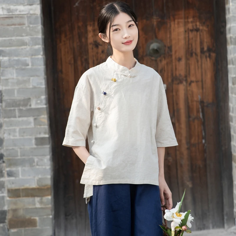 Women Summer Cotton Linen Shirt New 2025 Chinese Style Vintage Stand Collar Frog Button Female Half Sleeve Casual Shirts M590
Women Summer Cotton Linen Shirt New 2025 Chinese Style Vintage Stand Collar Frog Button Female Half Sleeve Casual Shirts M590