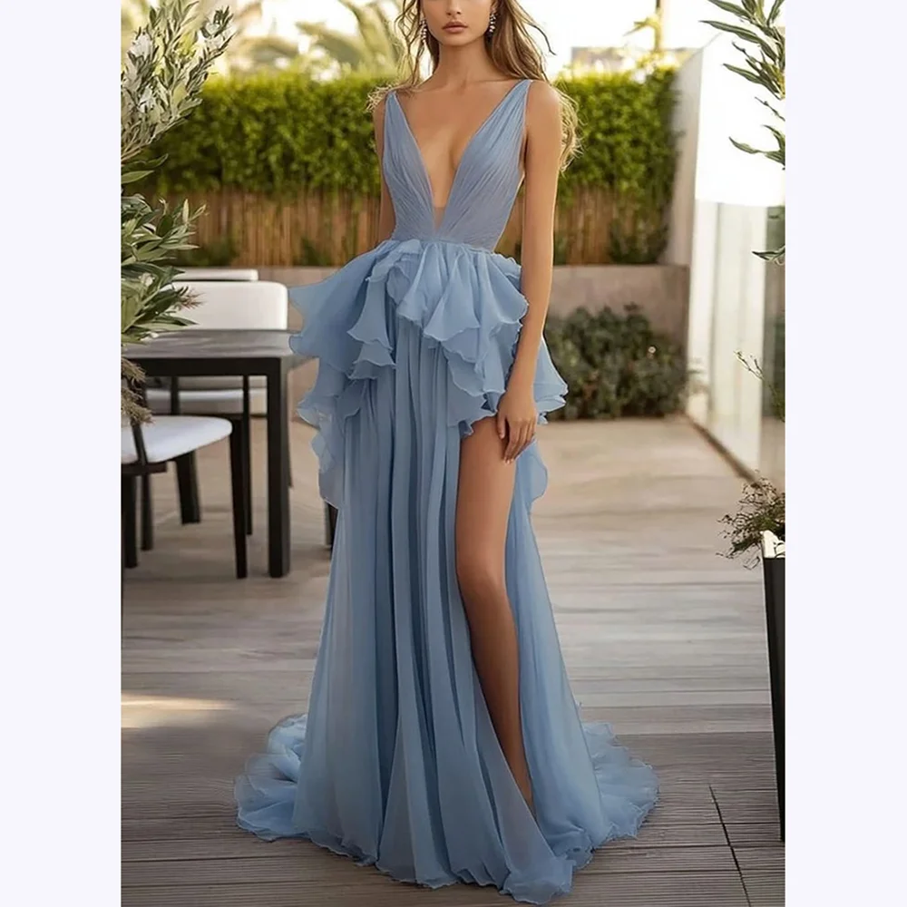 Blue Chiffon Prom Dresses Spaghetti Straps Sleeveless Deep V Neck Evening Dress Ruched Side Slit A Line Prom Gown Customized
Blue Chiffon Prom Dresses Spaghetti Straps Sleeveless Deep V Neck Evening Dress Ruched Side Slit A Line Prom Gown Customized