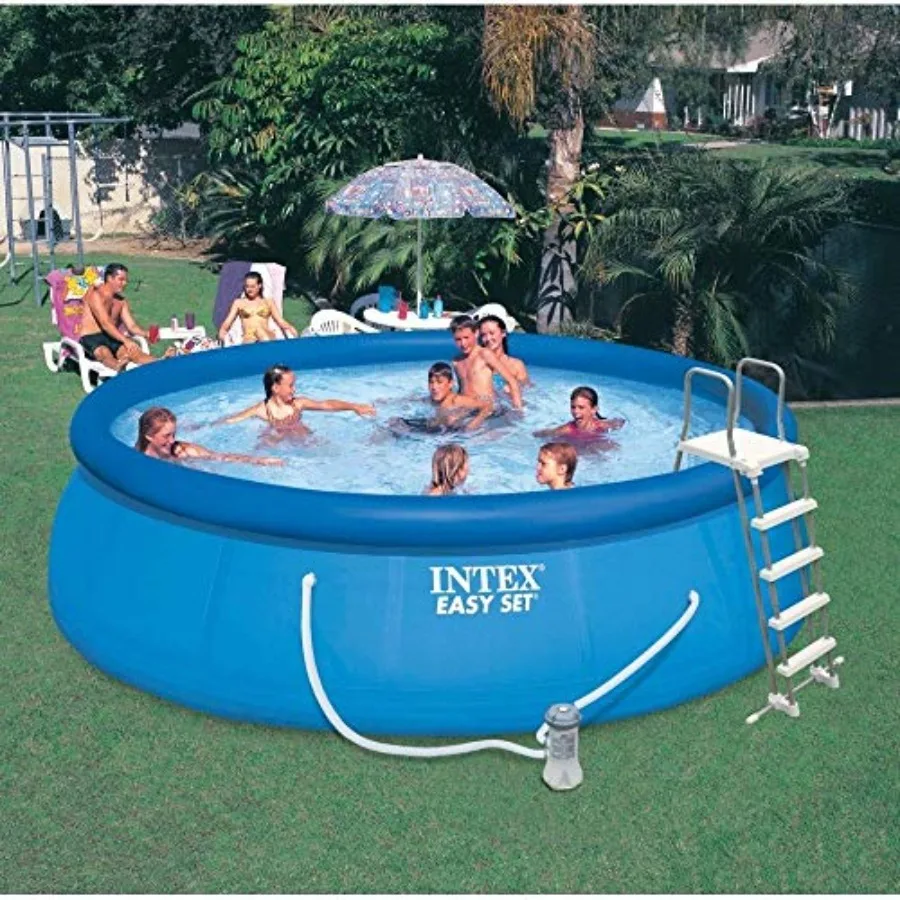 Easy Set Inflatable Swimming Pool Set: 15ft x 48in – with 1000 GPH Cartridge Filter Pump and Hydrotools Chlorine Dispenser
Easy Set Inflatable Swimming Pool Set: 15ft x 48in – with 1000 GPH Cartridge Filter Pump and Hydrotools Chlorine Dispenser