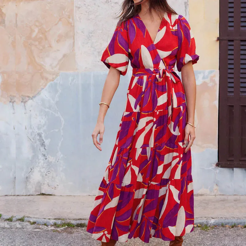 Elegant Waist Pleat Lace-up Maxi Dress 2024 Fashion Pattern Print V-neck Party Dress Summer Women Casual Short Sleeve Long Dress
Elegant Waist Pleat Lace-up Maxi Dress 2024 Fashion Pattern Print V-neck Party Dress Summer Women Casual Short Sleeve Long Dress