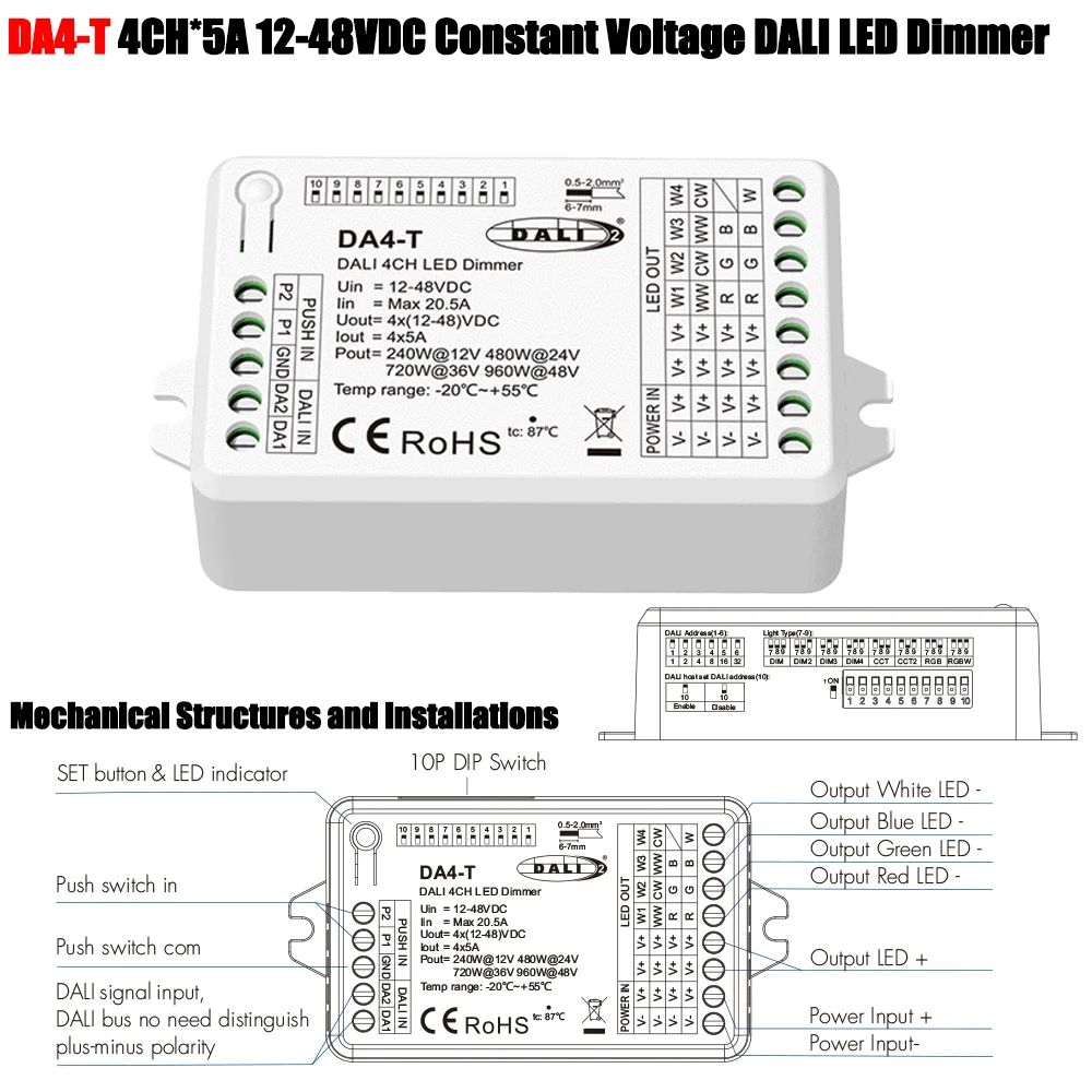 4CH*5A 12-48VDC DALI Dimmer DA4-T DT6 DT8 Constant Voltage Push Switch Dimmer for Single Color CCT RGB RGBW Dimmable LED Light
4CH*5A 12-48VDC DALI Dimmer DA4-T DT6 DT8 Constant Voltage Push Switch Dimmer for Single Color CCT RGB RGBW Dimmable LED Light
