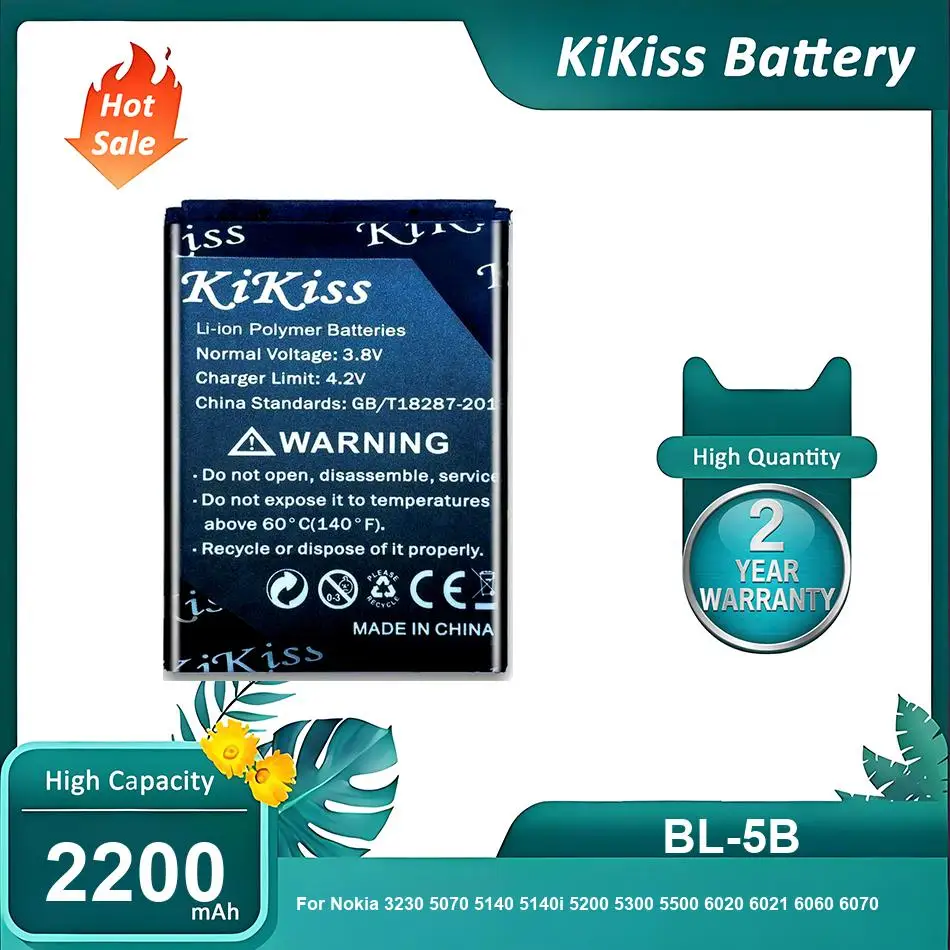Battery For Nokia 3230 5070 5140 5140i 5200 5300 5500 6020 6021 6060 6070 6080 6120 6120C 7260 7360 7620 N80 N90,BL-5B,2200mAh
Battery For Nokia 3230 5070 5140 5140i 5200 5300 5500 6020 6021 6060 6070 6080 6120 6120C 7260 7360 7620 N80 N90,BL-5B,2200mAh