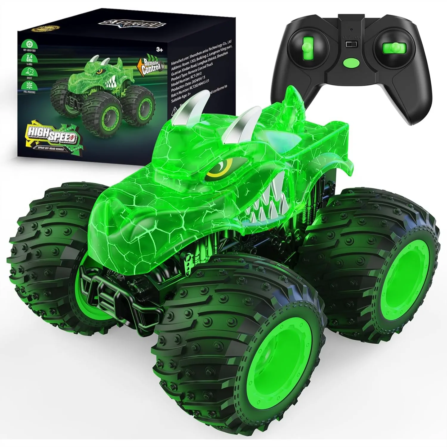 All Terrain RC Monster Truck with Light Spray, 2.4GHz Remote Control Car for Kids 3-8, Birthday Gift Boys Girls Dinosaur Green
All Terrain RC Monster Truck with Light Spray, 2.4GHz Remote Control Car for Kids 3-8, Birthday Gift Boys Girls Dinosaur Green