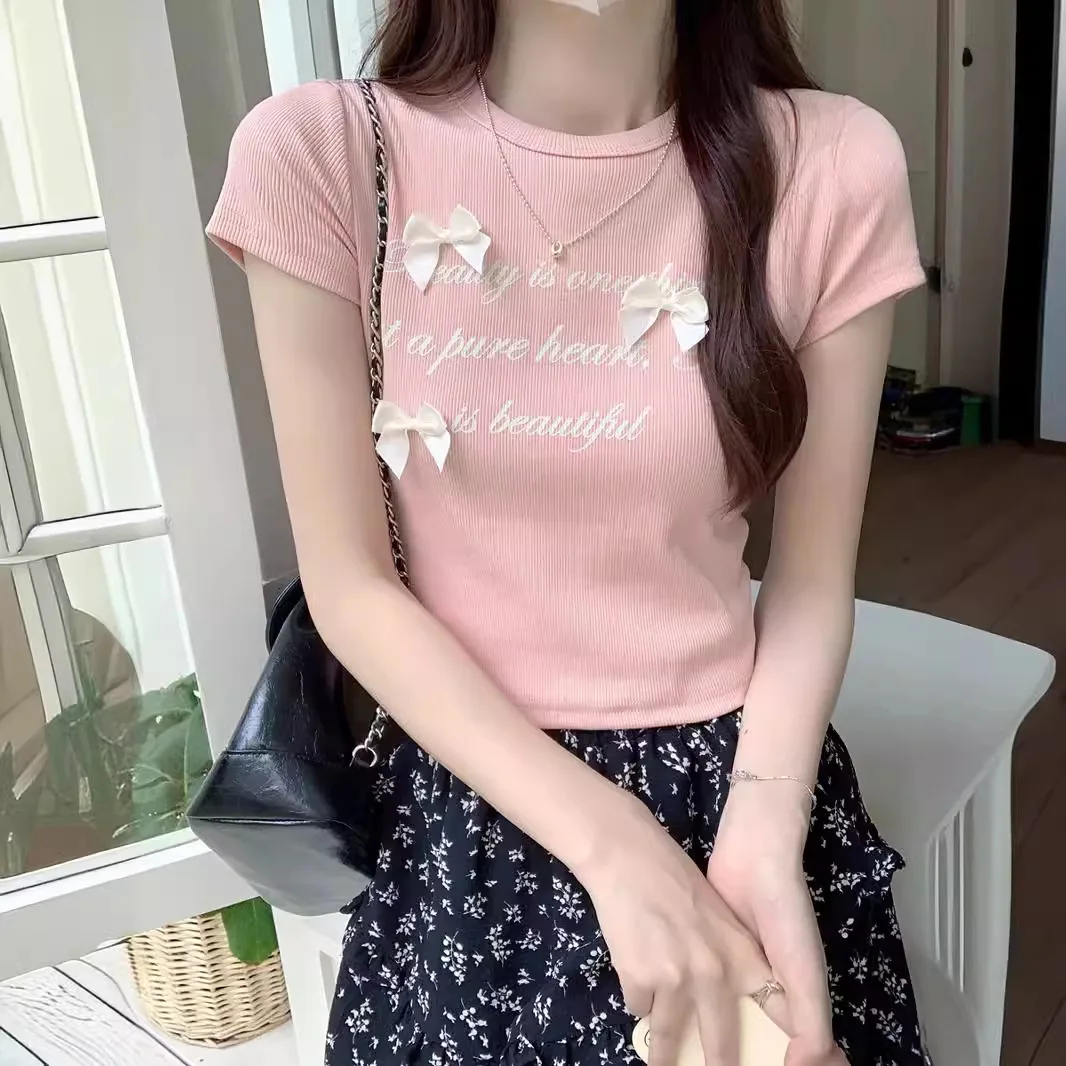 Bow Tie Shoulder Short Sleeved T-shirt For Women's 2024 Summer New Sweet Girl Spicy Girl Slimming a、And Slim Fitting Top
Bow Tie Shoulder Short Sleeved T-shirt For Women's 2024 Summer New Sweet Girl Spicy Girl Slimming a、And Slim Fitting Top