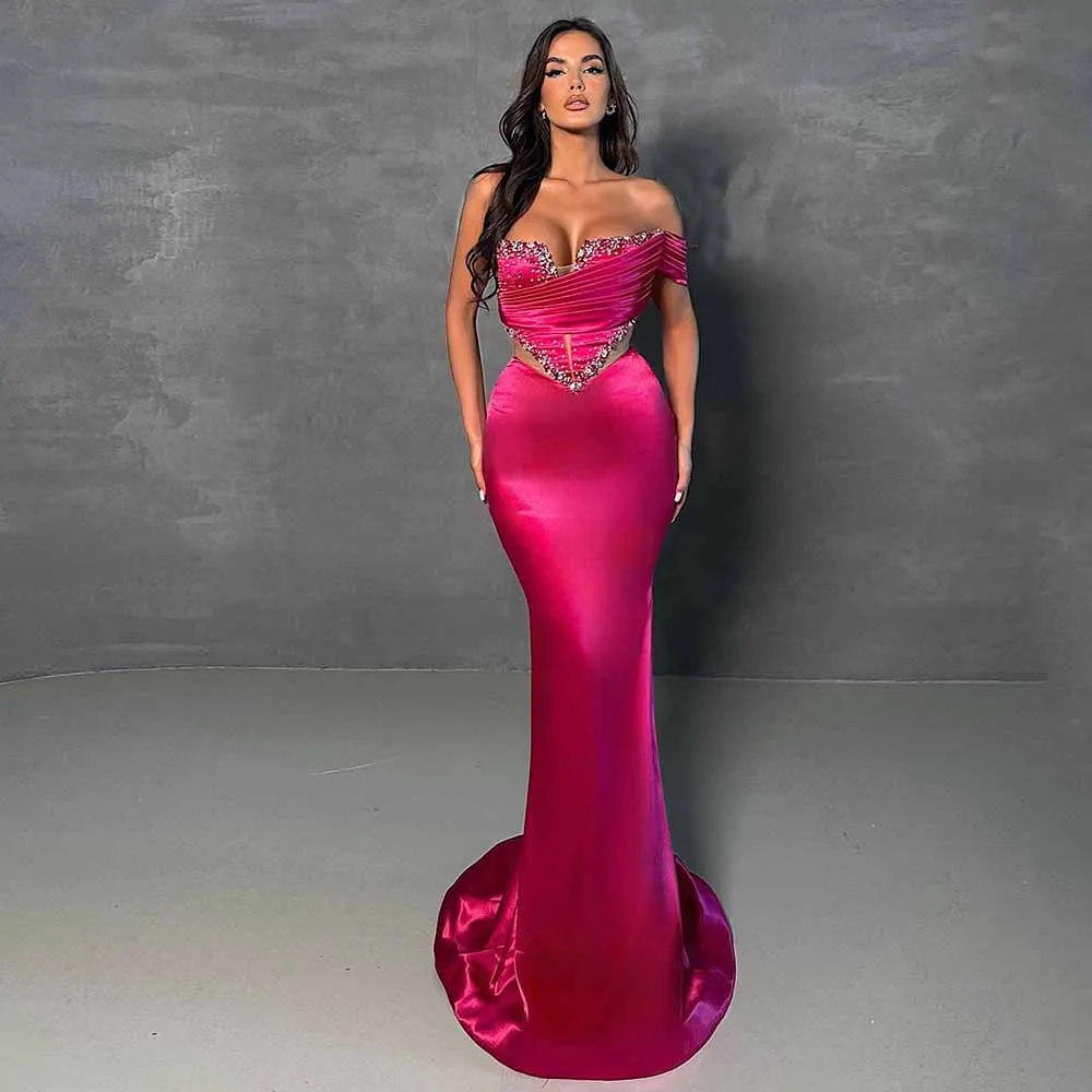 Fuchsia Dresses for Special Events Satin Mermaid/Trumpet Valentine's Day Dress Off-the-shoulder Crystals Pleat Party Dress Long
Fuchsia Dresses for Special Events Satin Mermaid/Trumpet Valentine's Day Dress Off-the-shoulder Crystals Pleat Party Dress Long