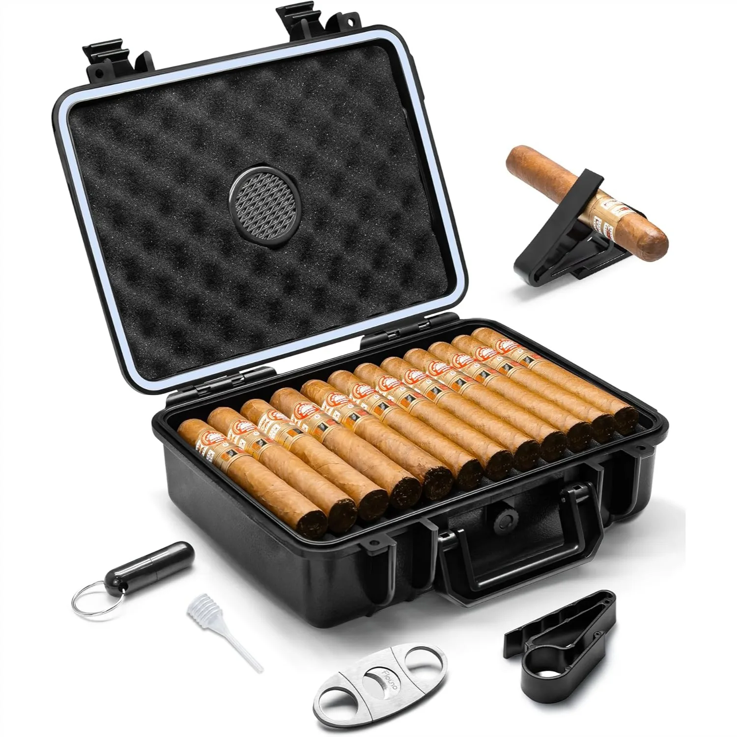 Travel Cigar Humidor Kit - Large Portable Case with Humidifier, Cutter & Punch, Holds 36 Cigars, Waterproof & Crushproof
Travel Cigar Humidor Kit - Large Portable Case with Humidifier, Cutter & Punch, Holds 36 Cigars, Waterproof & Crushproof