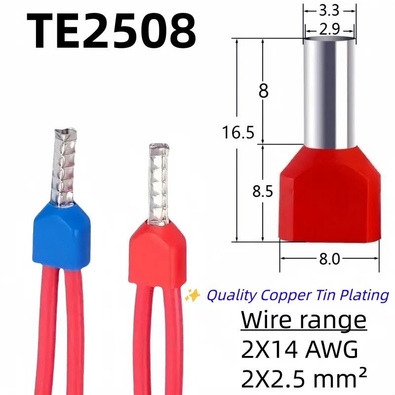 100PCS TE2508 Double Pipe 0.5~6.0² Cold Pressed End Double Wire Tube Shaped Insulated Tubular Terminal
100PCS TE2508 Double Pipe 0.5~6.0² Cold Pressed End Double Wire Tube Shaped Insulated Tubular Terminal