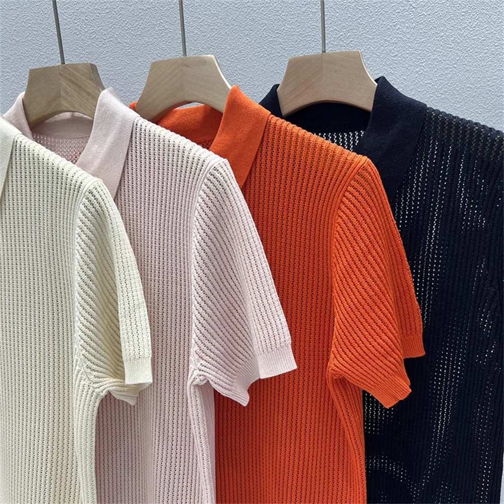 Blended Polo Collar Knit T-Shirt Simple Unique Breathable Slimming Hollowed-Out Short-Sleeved Top For Women
Blended Polo Collar Knit T-Shirt Simple Unique Breathable Slimming Hollowed-Out Short-Sleeved Top For Women