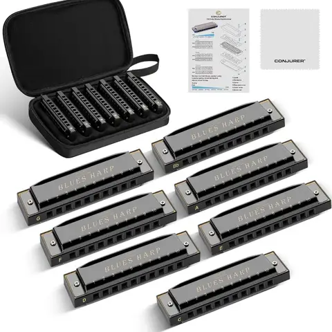 CONJURER Blues Harmonica Set of 7 Key 10 Hole Diatonic Harmonica Set for Beginners Mouth Organ Metal Blues Harp 7 Pack with Cas
