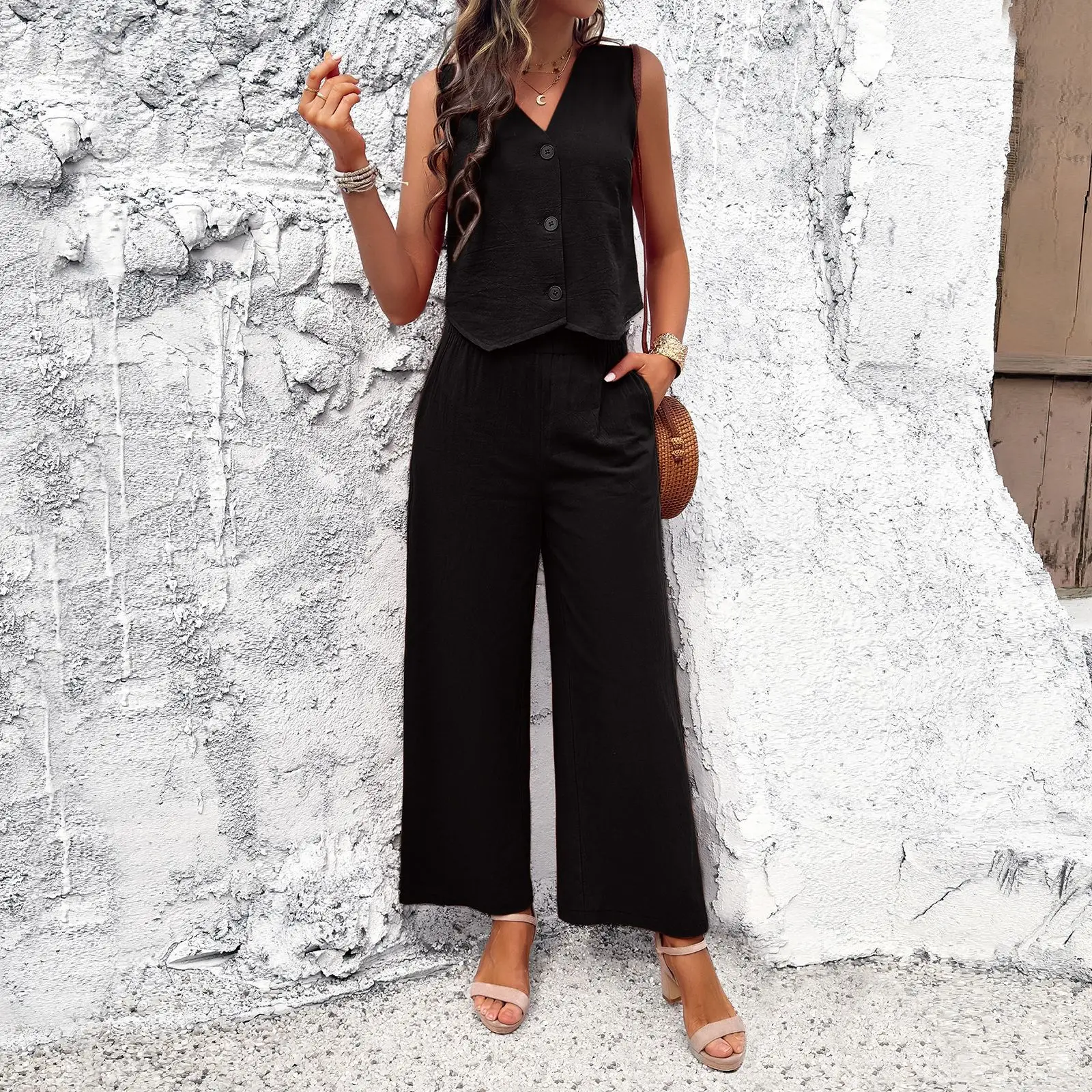 Summer Elegant Black Sets Fashion V Neck Sleeveless Blouses & Wide Leg Pants Casual Suit Female Office Holiday 2 Piece Set New
Summer Elegant Black Sets Fashion V Neck Sleeveless Blouses & Wide Leg Pants Casual Suit Female Office Holiday 2 Piece Set New