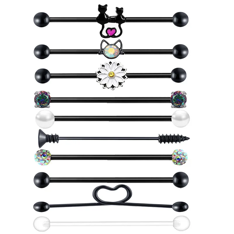 10pcs/Set Surgical Steel Black Cat Industrial Barbell for Women Men Ear Cartilage Earring Helix-Conch Body Piercing Jewelry 38mm
10pcs/Set Surgical Steel Black Cat Industrial Barbell for Women Men Ear Cartilage Earring Helix-Conch Body Piercing Jewelry 38mm