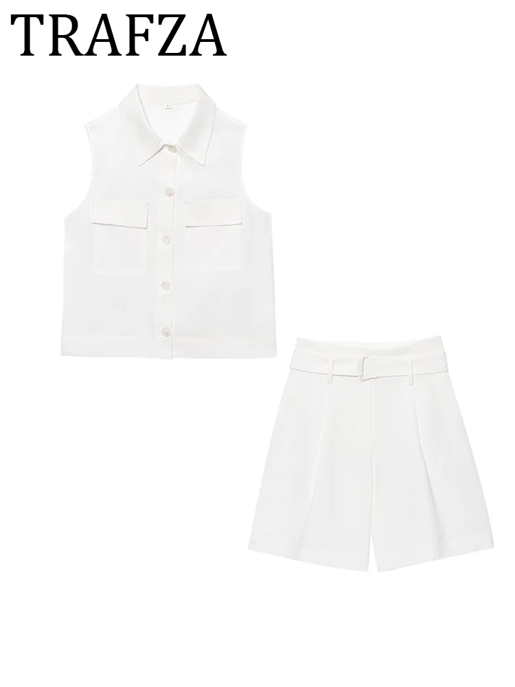TRAFZA Women's Shorts Set White Patch Pocket Vest+Belted Bermuda Shorts 2 Piece Suit Summer Lady Elegant Holiday Beach Outfit
TRAFZA Women's Shorts Set White Patch Pocket Vest+Belted Bermuda Shorts 2 Piece Suit Summer Lady Elegant Holiday Beach Outfit