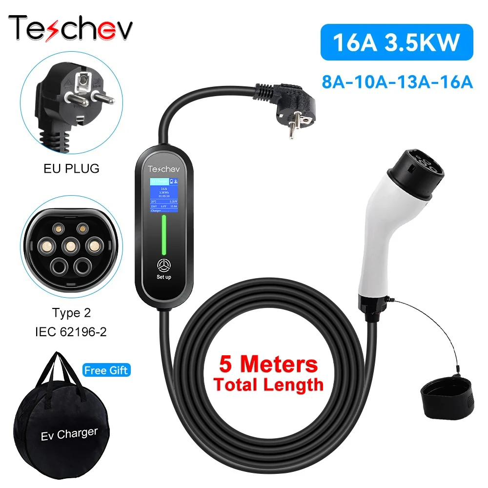 Teschev 220V 230V EV Portable Charger Type 2 16A Single Phase 3.5KW 5m Wallbox Charging Station for Electric Vehicle
Teschev 220V 230V EV Portable Charger Type 2 16A Single Phase 3.5KW 5m Wallbox Charging Station for Electric Vehicle
