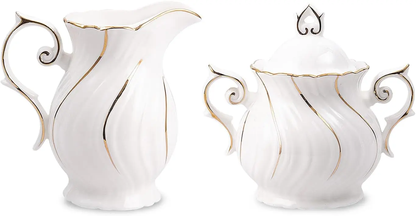 Ceramic Sugar and Creamer Set with Lid, 7.8oz Creamer Pitcher and 9.4oz Sugar Bowl for Coffee or Tea, White with Gold Thread
Ceramic Sugar and Creamer Set with Lid, 7.8oz Creamer Pitcher and 9.4oz Sugar Bowl for Coffee or Tea, White with Gold Thread