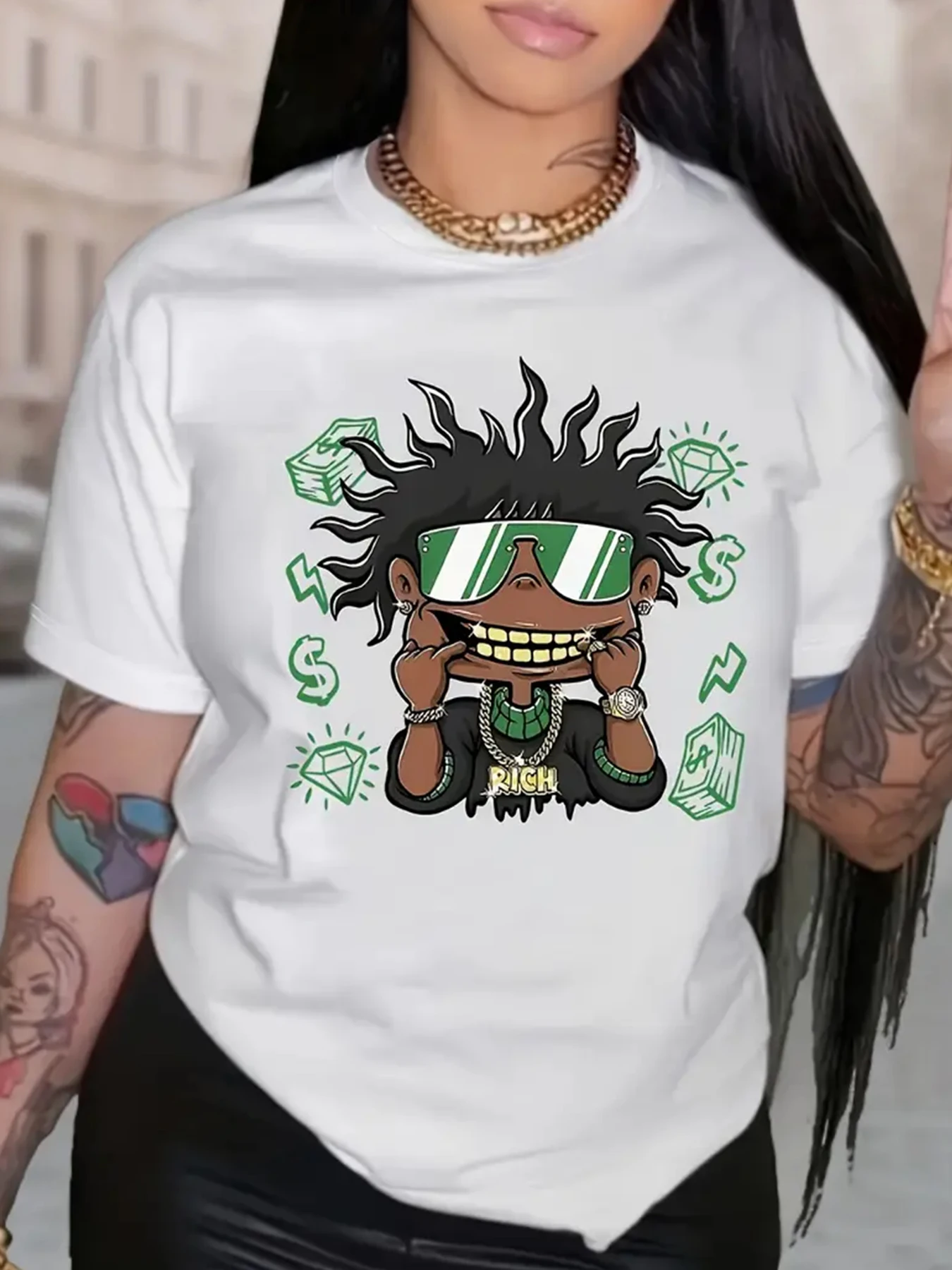 Ladies casual round neck T-shirt with cartoon and geometric print - soft polyester blend short sleeved
Ladies casual round neck T-shirt with cartoon and geometric print - soft polyester blend short sleeved