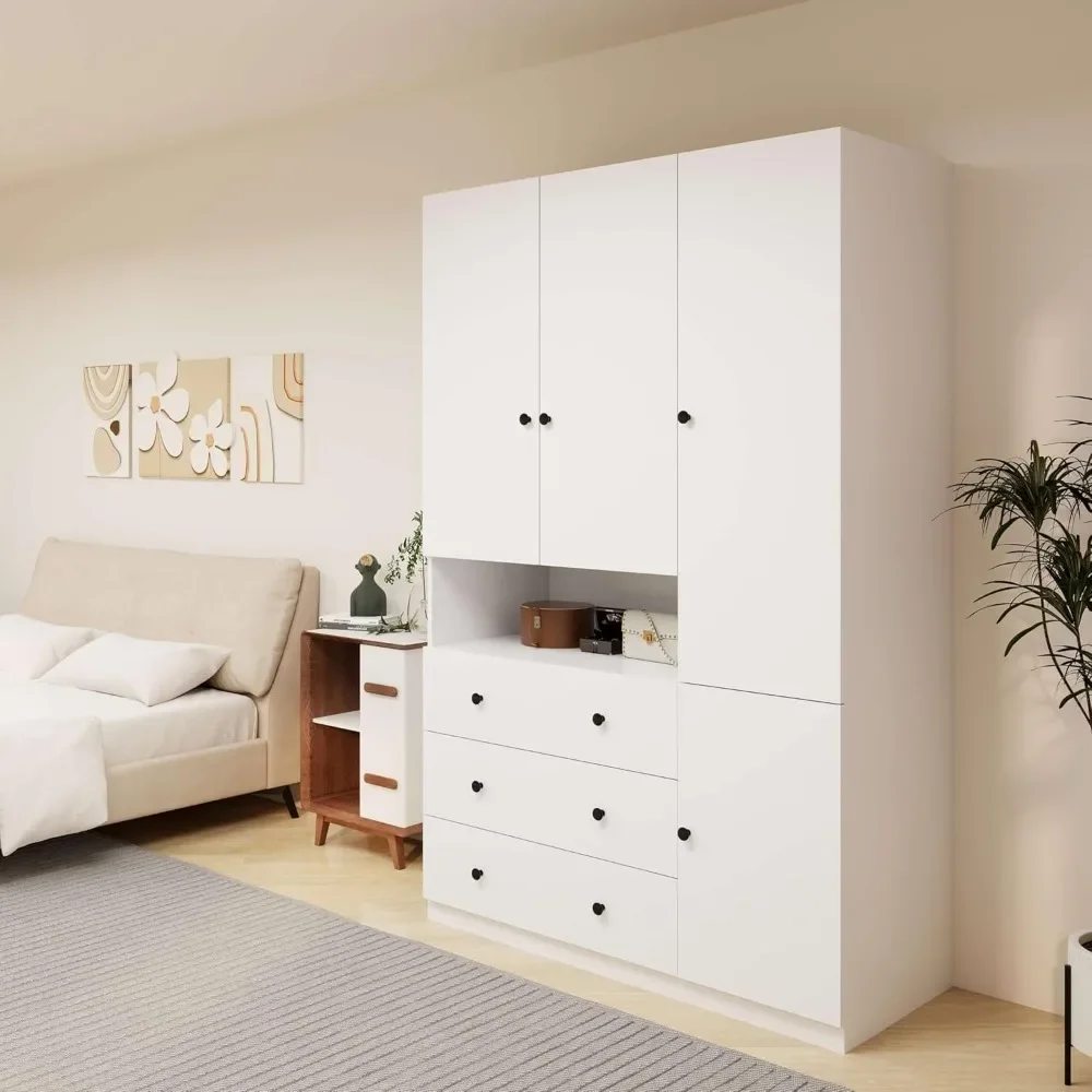White Wardrobe with 3 Wooden Bedroom Wardrobes, Clothes Cabinet with Hanging Poles, Shelf Drawers, Wardrobe
White Wardrobe with 3 Wooden Bedroom Wardrobes, Clothes Cabinet with Hanging Poles, Shelf Drawers, Wardrobe
