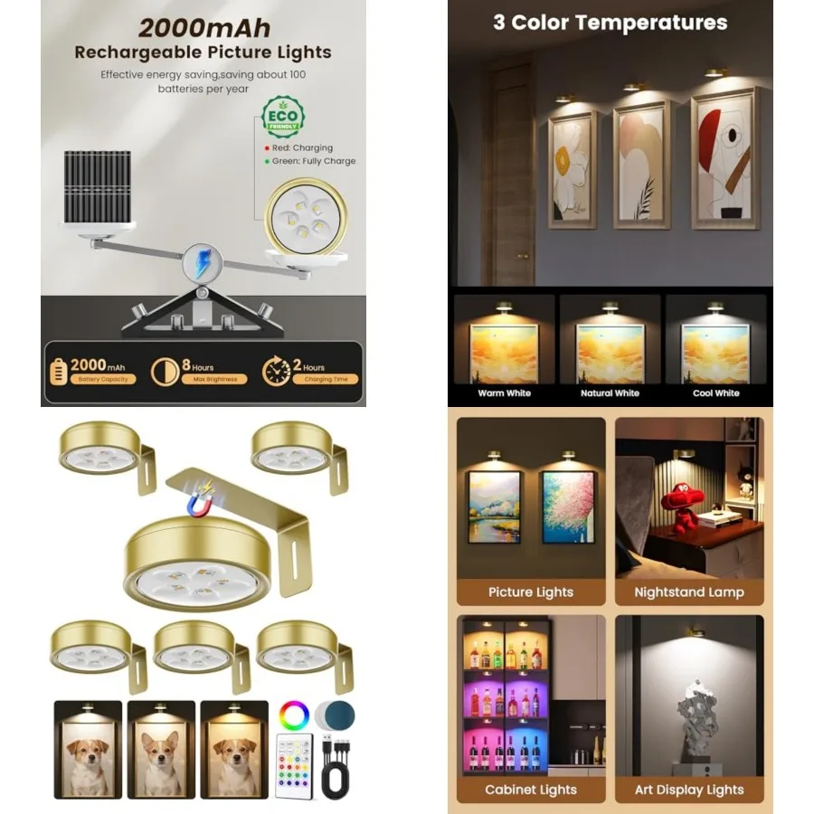 Picture Lights for Wall, Wireless 2000mAh Rechargeable Magnetic LED Puck Lights with Remote, 3 Color Temps and 12 RGB, Dimming
Picture Lights for Wall, Wireless 2000mAh Rechargeable Magnetic LED Puck Lights with Remote, 3 Color Temps and 12 RGB, Dimming