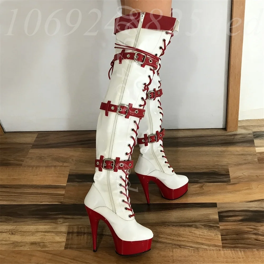 Women's Sexy Platform Thigh High Boots, White Red Lace Up Stiletto Over The Knee Boots with Buckle Straps, Dance Heels for Stage
Women's Sexy Platform Thigh High Boots, White Red Lace Up Stiletto Over The Knee Boots with Buckle Straps, Dance Heels for Stage