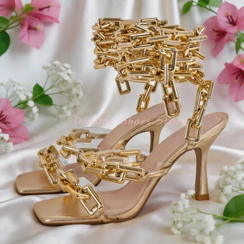 Gold Chain Strappy PVC Square Toe Sandals Women Peep Toe Slingback Thin High Heels Luxury Fashion Party Ladies Summer Shoes New
Gold Chain Strappy PVC Square Toe Sandals Women Peep Toe Slingback Thin High Heels Luxury Fashion Party Ladies Summer Shoes New