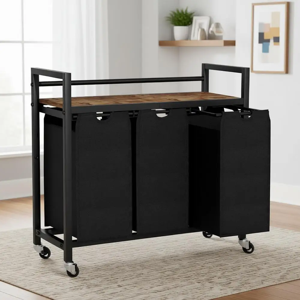 Трехсекционная корзина для белья на колесиках со съемными мешками для дома, черная
Трехсекционная корзина для белья на колесиках со съемными мешками для дома, черная