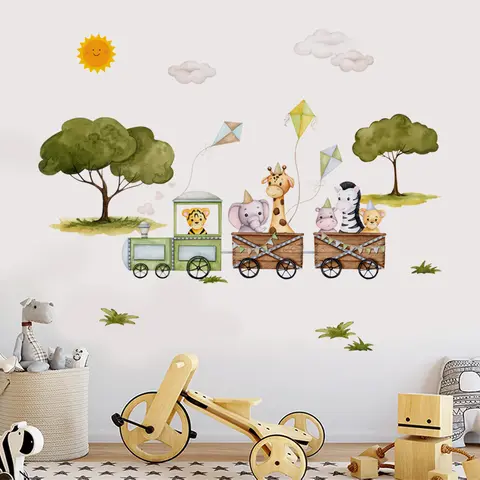 Cute Animals on Train Watercolor Vinyl Wall Stickers PVC Decals for Nursery Kids Room Playroom Decoration