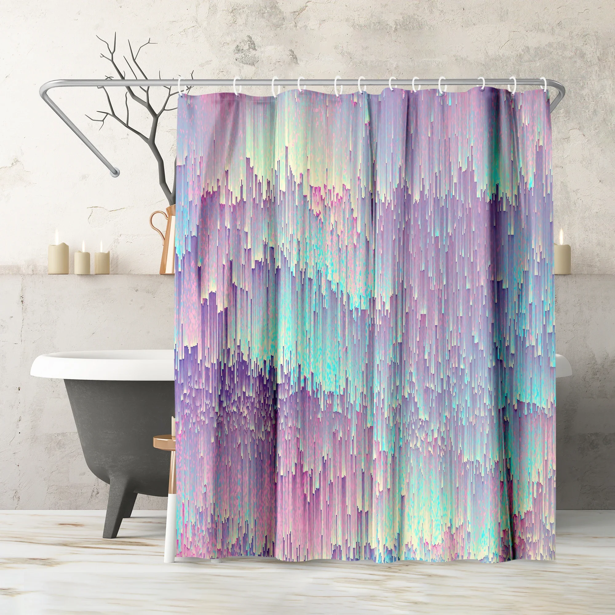 71 inch by 74 inch iridescent shower curtain with glitch art design
71 inch by 74 inch iridescent shower curtain with glitch art design