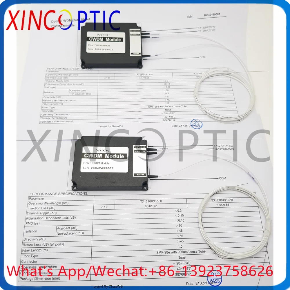 1*4 CCWDM Mini CWDM Mux Module TX1270RX1330 TX1310RX1550, with 1M G657A2 900um Without Connector -Box Size:80*60*12mm
1*4 CCWDM Mini CWDM Mux Module TX1270RX1330 TX1310RX1550, with 1M G657A2 900um Without Connector -Box Size:80*60*12mm