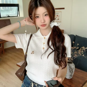 달콤한 매운 여름 연령 감소 폴로 칼라 아이스 실크 니트 반팔 티셔츠 여성 자수 허리 자른 작은 탑
