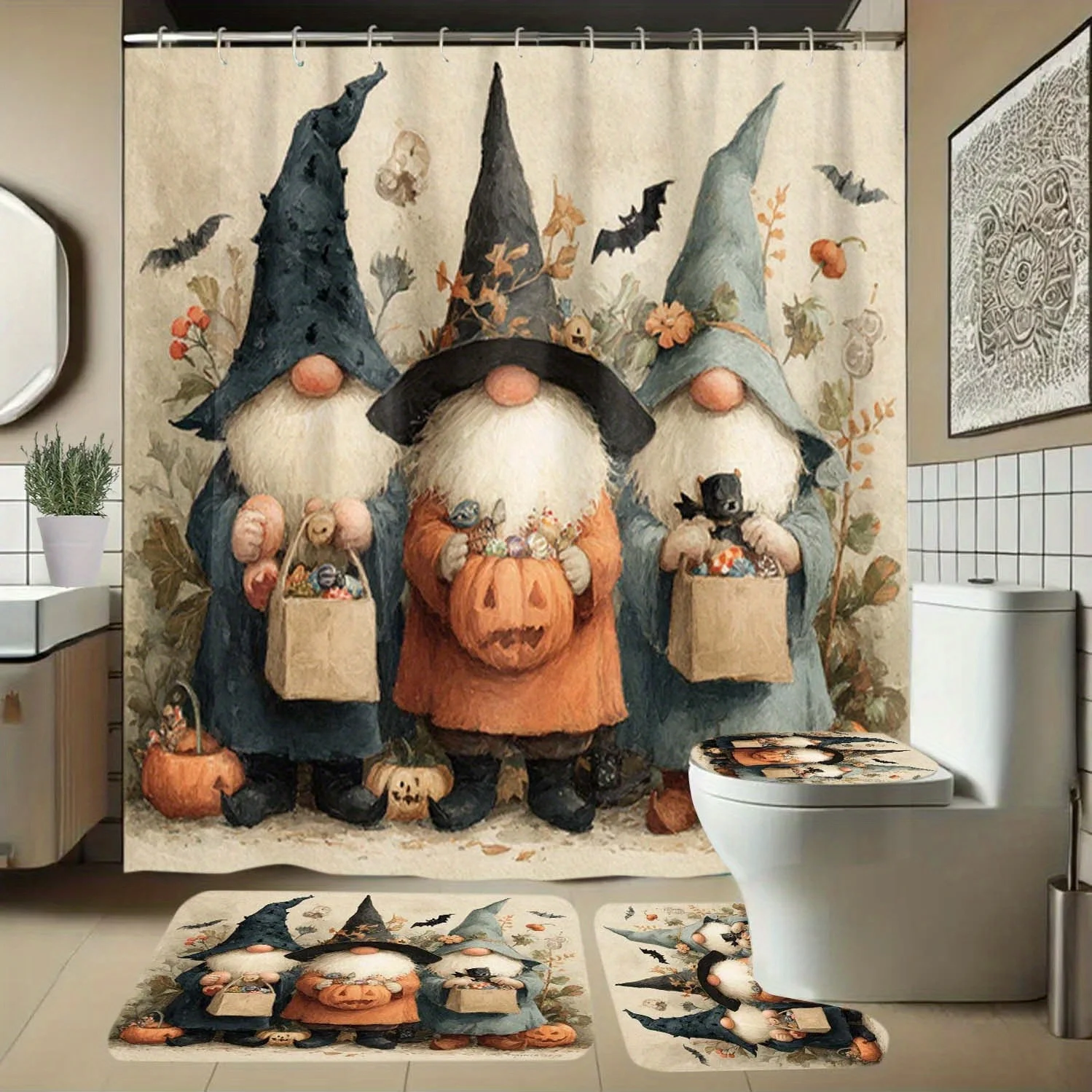 4pcs Christmas Gnome, Pumpkin, Bat Pattern Shower Curtain with Hooks, Bathroom Partition Curtain, Bathroom Accessories, Home
4pcs Christmas Gnome, Pumpkin, Bat Pattern Shower Curtain with Hooks, Bathroom Partition Curtain, Bathroom Accessories, Home