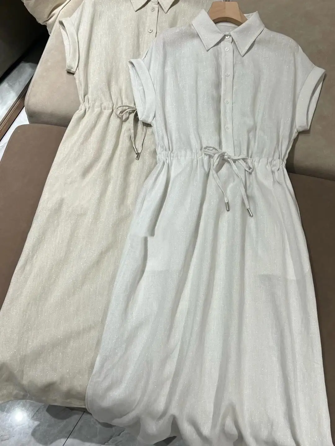 Linen short sleeved shirt women's waist cinched lace up mid length dress
Linen short sleeved shirt women's waist cinched lace up mid length dress
