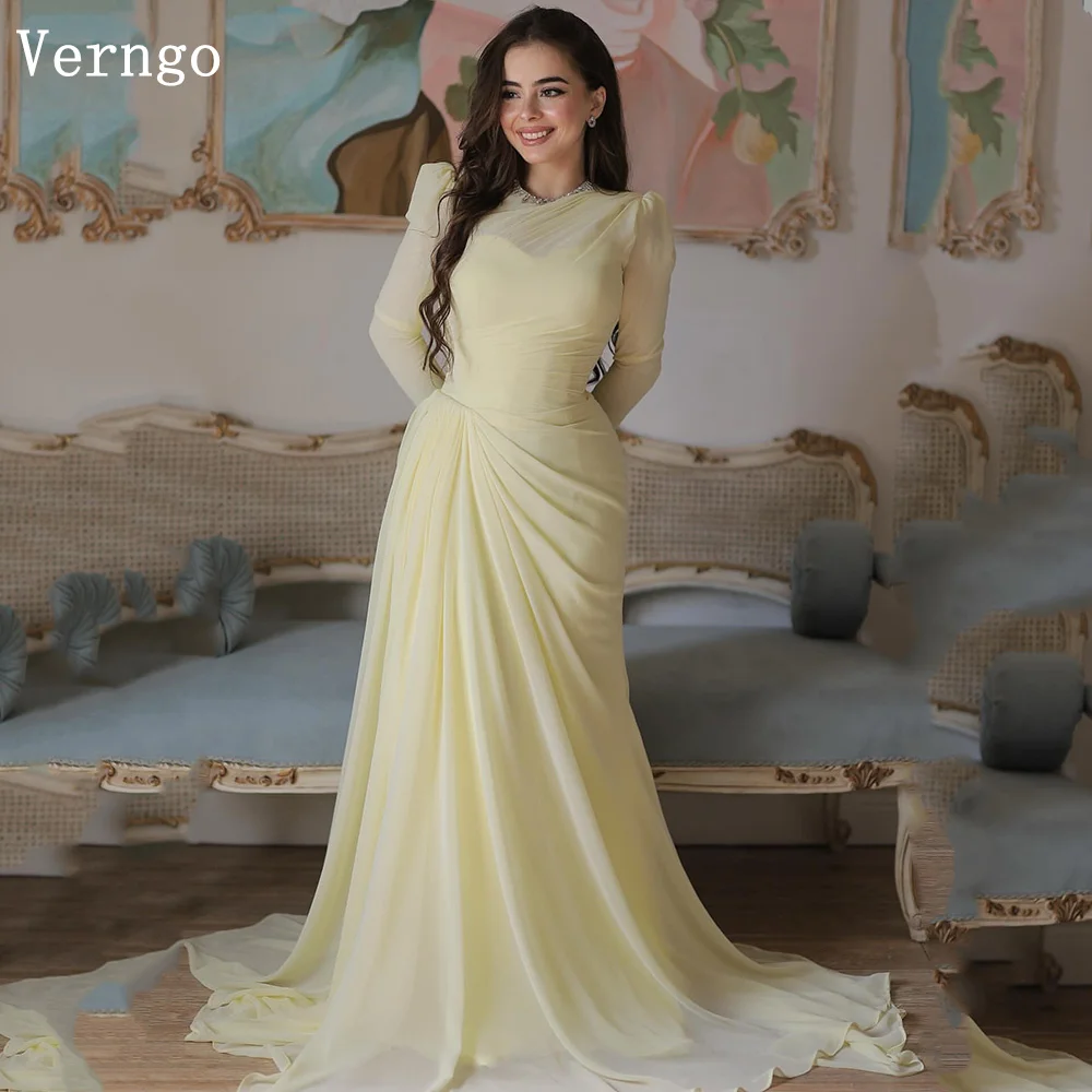 Verngo Blush Yellow Chiffon Evening Dress O Neck Full Sleeves Prom Gowns Mermaid Pleated Prom Gowns Celebrity Customized
Verngo Blush Yellow Chiffon Evening Dress O Neck Full Sleeves Prom Gowns Mermaid Pleated Prom Gowns Celebrity Customized