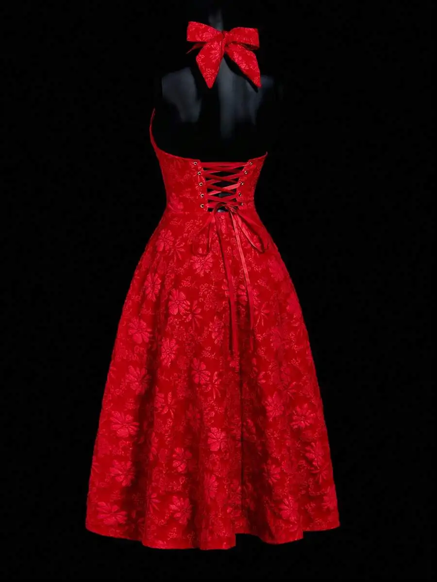 Red Floral Jacquard Halter Dress With Lace-Up Back And Bow Detail, Renaissance Style Modest Gown For Wedding Guest Spring Summer
Red Floral Jacquard Halter Dress With Lace-Up Back And Bow Detail, Renaissance Style Modest Gown For Wedding Guest Spring Summer
